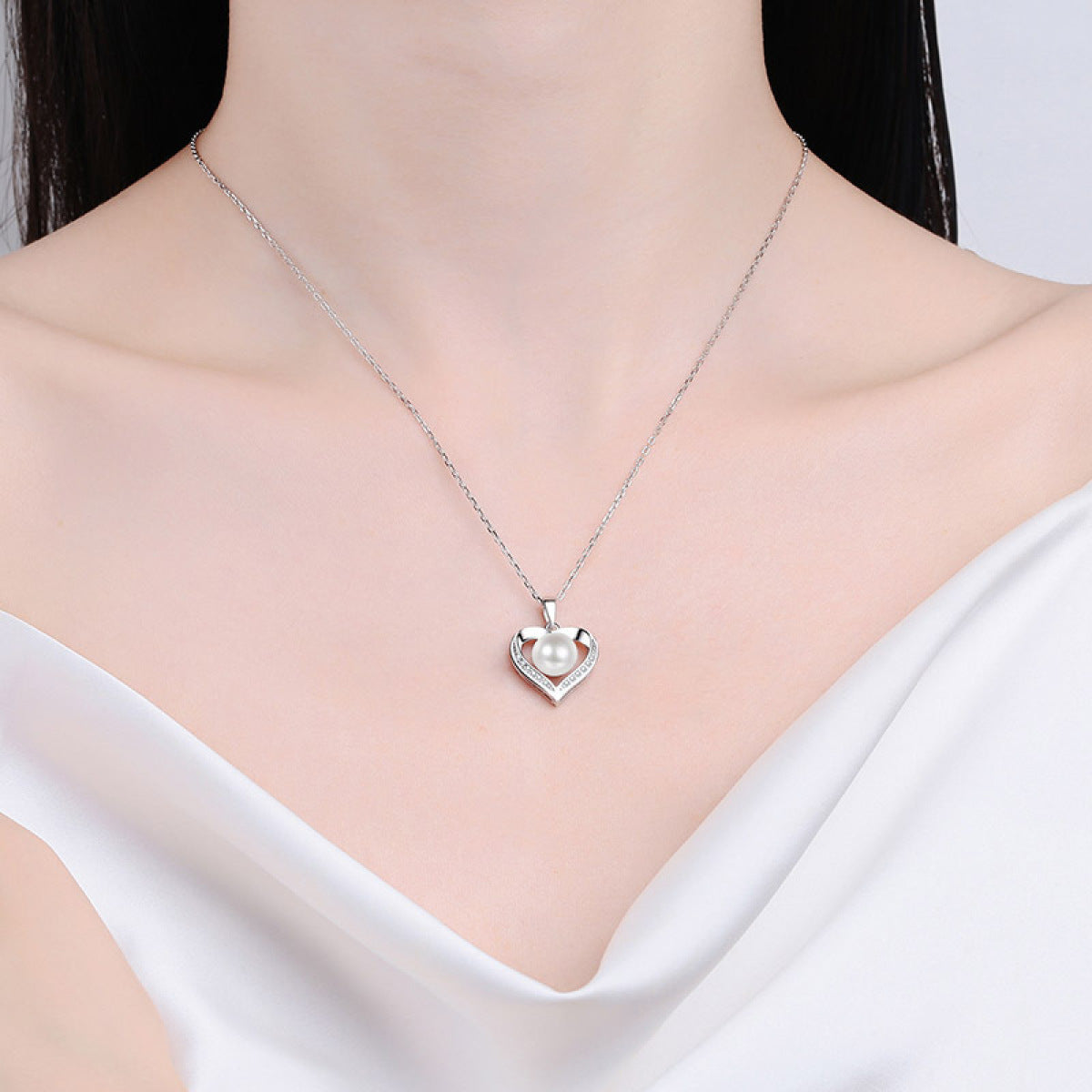 Fresh Water Pearl & Moissanite Heart Necklace - 925 Sterling Silver